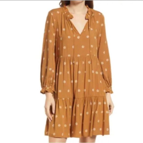Madewell warm Hickory bloom dot tie-neck tiered min dress XS - Picture 1 of 10
